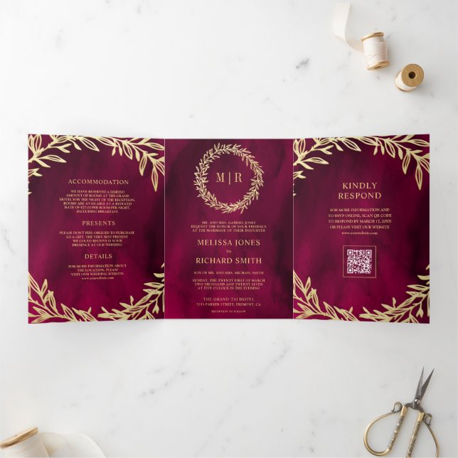 Magenta Pink Gold Leaf Branch QR Code Wedding Tri-Fold Invitation (Inside)