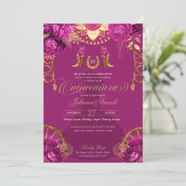 Magenta Pink Gold Roses Charro Western Quinceanera Invitation (Standing Front)
