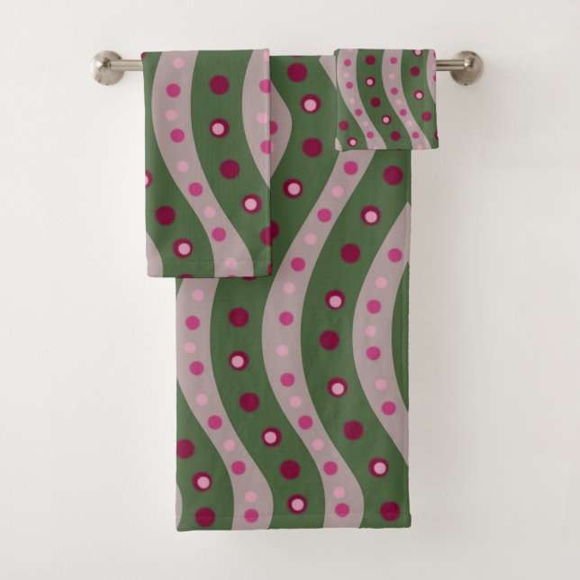 Magenta Pink Green Springtime Polka Dot Patterned Bath Towel Set (Insitu)