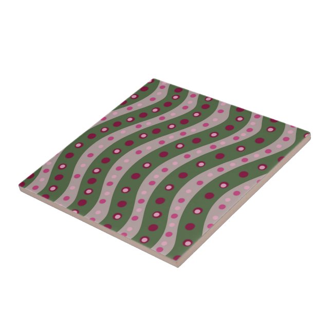 Magenta Pink Green Springtime Polka Dot Patterned  Ceramic Tile (Side)