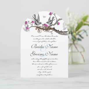 Magenta Pink & Grey Vintage Birds Forest Wedding Invitation