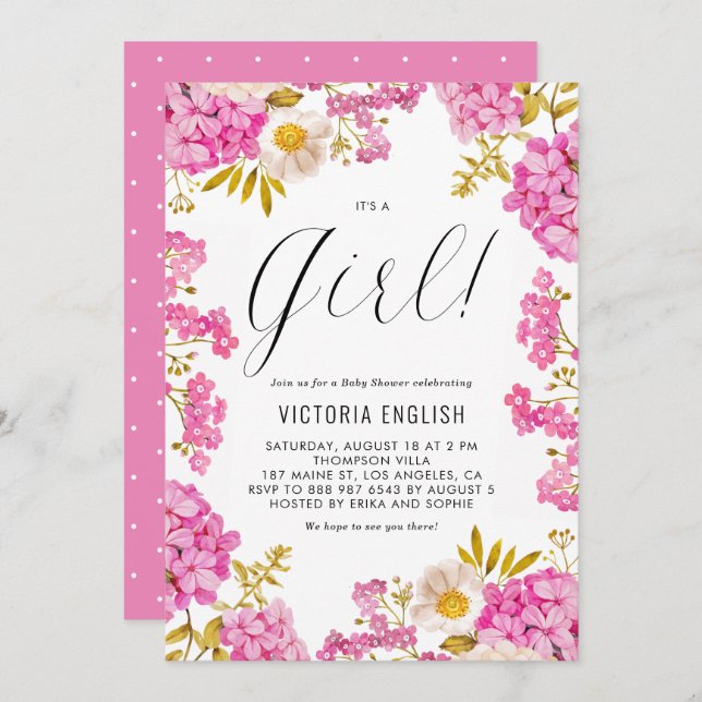 Magenta Pink Hydrangeas It's a Girl Baby Shower Invitation (Front/Back)