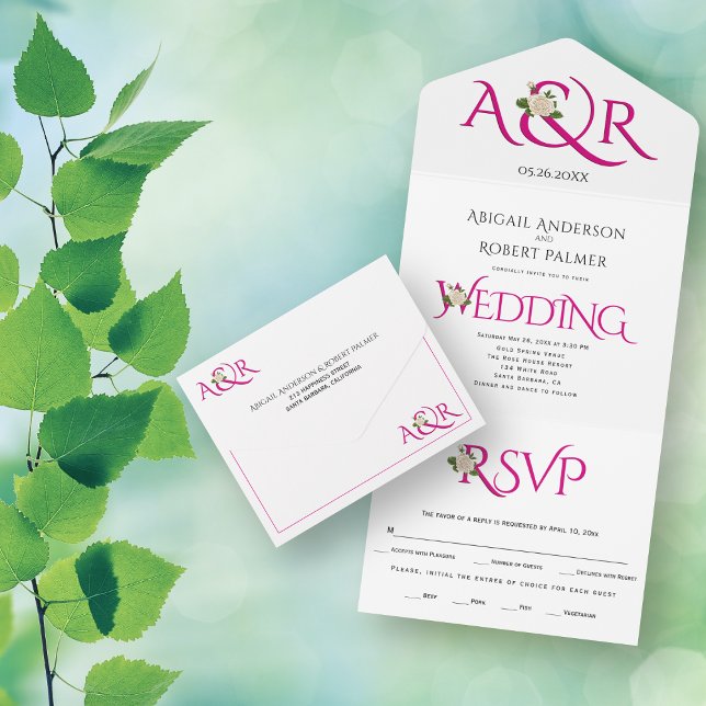 Magenta pink initials and ampersand, rose wedding all in one invitation (Creator Uploaded)