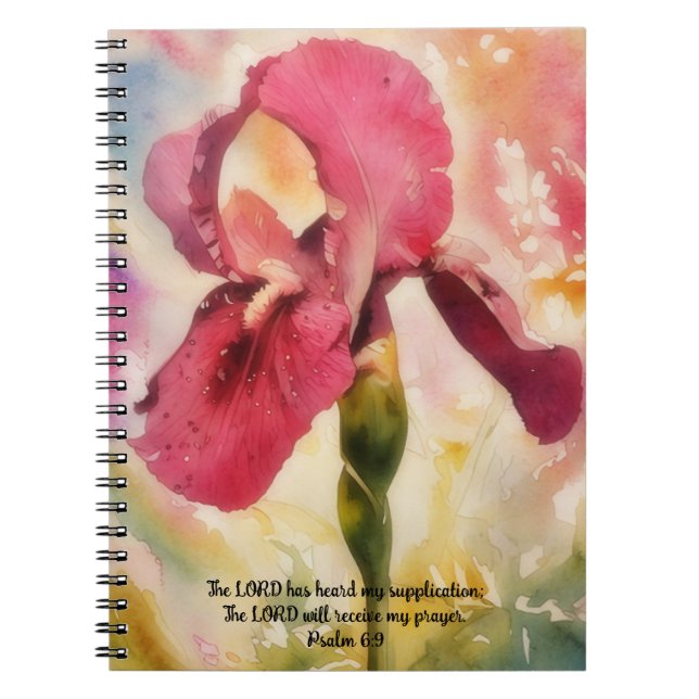 Magenta Pink Iris Flower Art Bible Verse Prayer Notebook (Front)