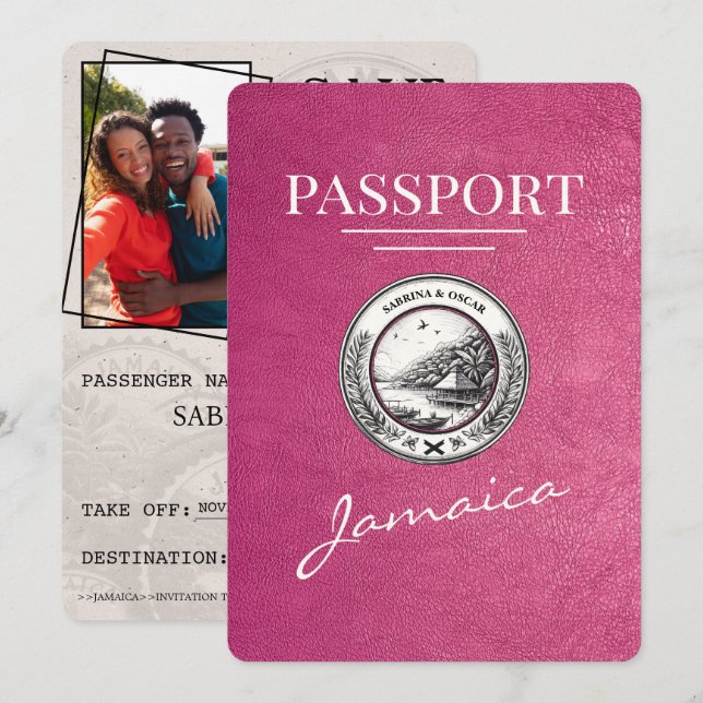 Magenta Pink Jamaica Passport Save The Date (Front/Back)