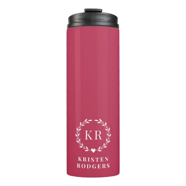 Magenta Pink Laurel Wreath Crest Monogram Thermal Tumbler (Front)