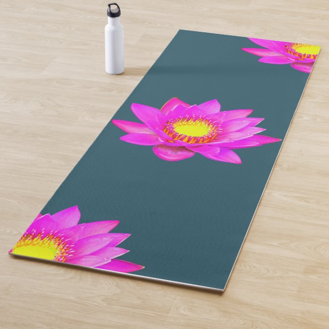 Magenta Pink Lotus Flowers on Blue Yoga Mat (In Situ)