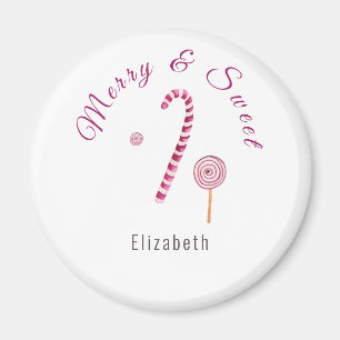 Magenta pink Merry & sweet candy cane watercolor Magnet