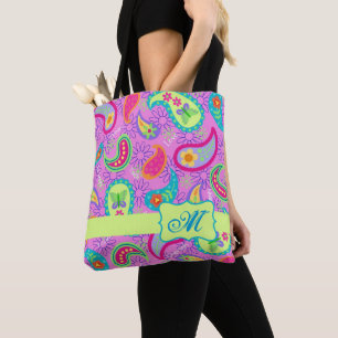 Magenta Pink  Modern Paisley Monogram Tote Bag