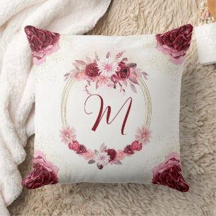  Magenta Pink Monogram Watercolor Floral Wreath  Cushion