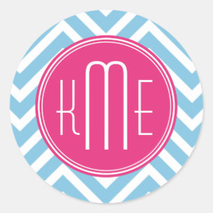Magenta Pink Monogram with Light Blue Chevron Classic Round Sticker