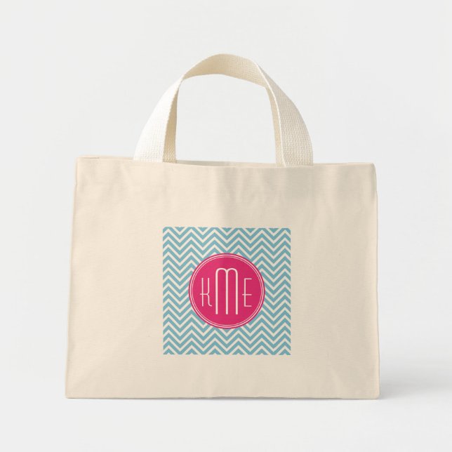 Magenta Pink Monogram with Light Blue Chevron Mini Tote Bag (Front)