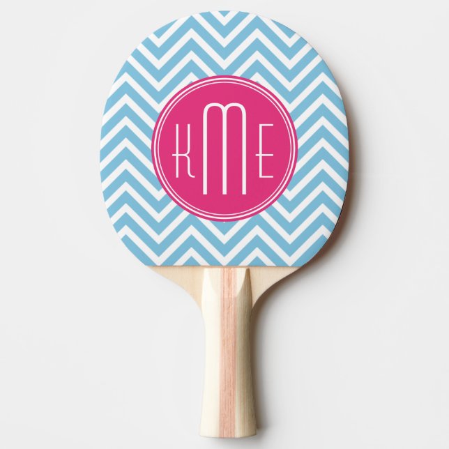 Magenta Pink Monogram with Light Blue Chevron Ping Pong Paddle (Front)