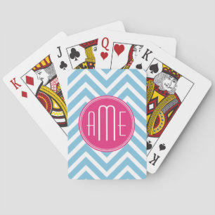 Magenta Pink Monogram with Light Blue Chevron Playing Cards