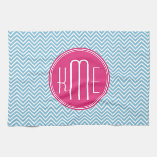 Magenta Pink Monogram with Light Blue Chevron Tea Towel