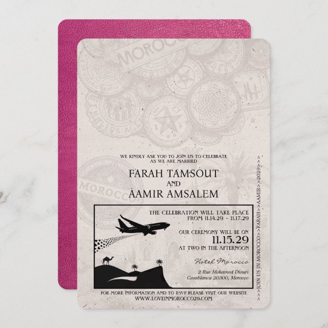 Magenta Pink Morocco Passport Wedding Invitation (Front/Back)