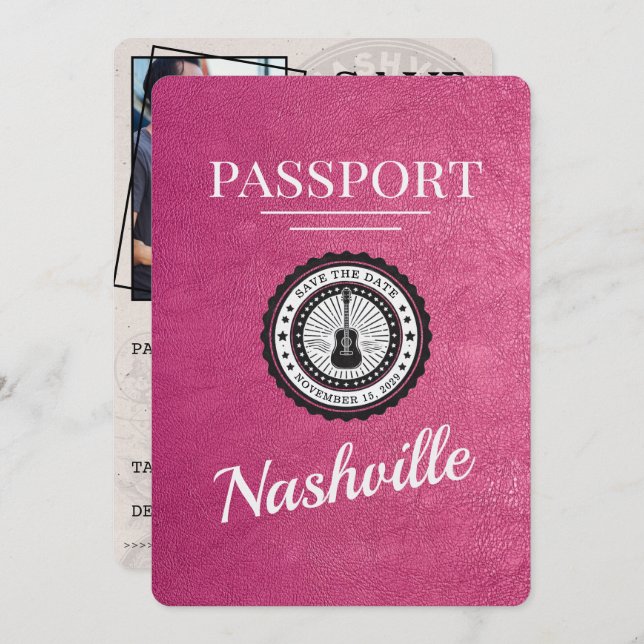 Magenta Pink Nashville Passport Save The Date (Front/Back)