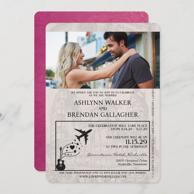 Magenta Pink Nashville Passport Wedding Invitation (Front/Back)