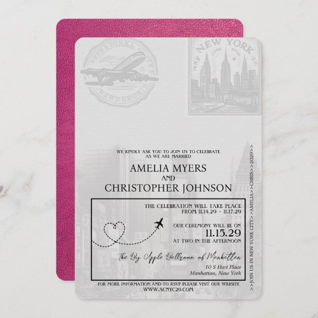 Magenta Pink New York City Passport Wedding Invitation (Front/Back)