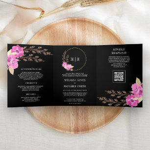 Magenta Pink Orchid Floral QR Code Black Wedding Tri-Fold Invitation