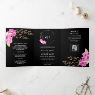 Magenta Pink Orchid Floral QR Code Black Wedding Tri-Fold Invitation