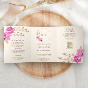 Magenta Pink Orchid Floral QR Code Ivory Wedding Tri-Fold Invitation