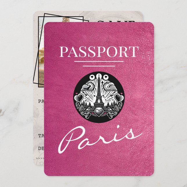 Magenta Pink Paris Passport Save The Date (Front/Back)