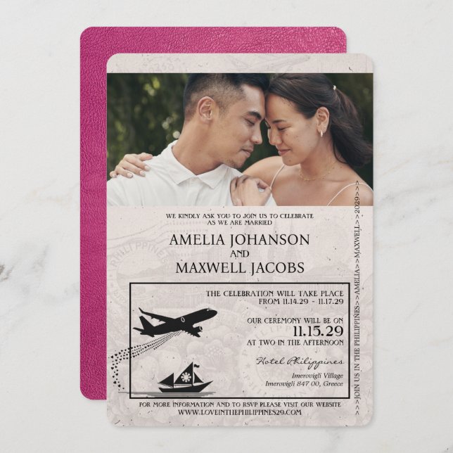 Magenta Pink Philippines Passport Wedding Invitation (Front/Back)