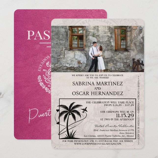 Magenta Pink Puerta Vallarta Passport Wedding Invitation (Front/Back)