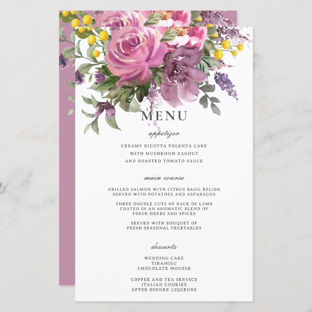 Magenta Pink Purple Floral Boho Chic Wedding Menu (Front/Back)