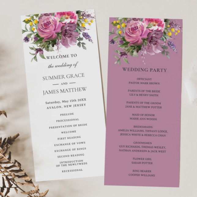 Magenta Pink Purple Floral Greenery Boho Wedding Program (Creator Uploaded)