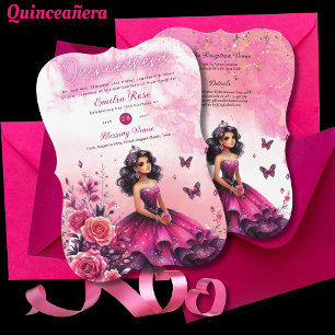 Magenta Pink Quinceanera Dress Floral Butterflies Invitation