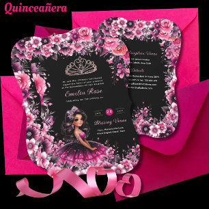 Magenta Pink Quinceanera Dress Floral Invitation