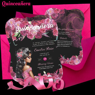Magenta Pink Quinceanera Dress Floral Invitation