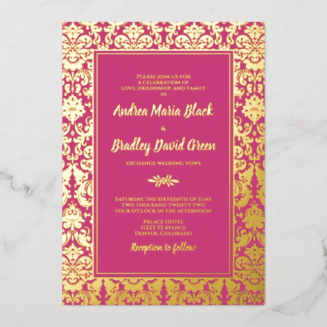 Magenta Pink Real Gold Foil Damask Wedding (Front)