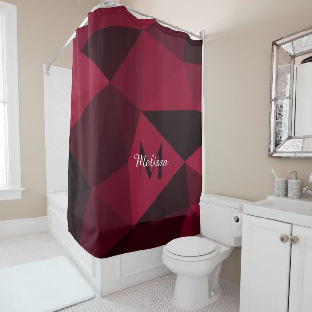 Magenta pink red black geometry pattern Monogram Shower Curtain (In Situ)