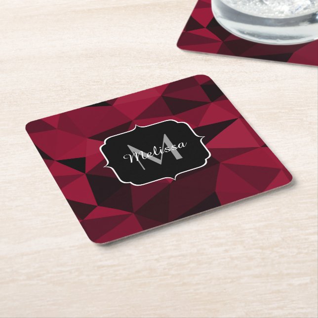 Magenta pink red black geometry pattern Monogram Square Paper Coaster (Angled)