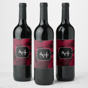 Magenta pink red black geometry pattern Monogram Wine Label