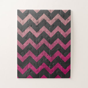 Magenta pink red ombre dark grey chevron pattern jigsaw puzzle
