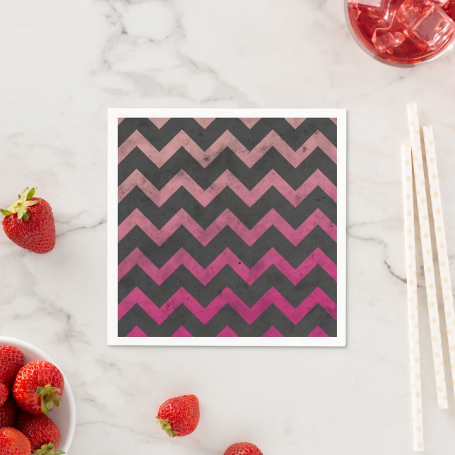 Magenta pink red ombre dark grey chevron pattern napkin (Insitu)