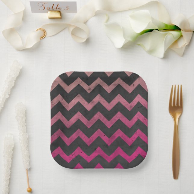 Magenta pink red ombre dark grey chevron pattern paper plate (Wedding)