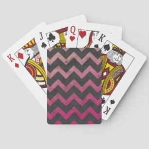 Magenta pink red ombre dark grey chevron pattern playing cards
