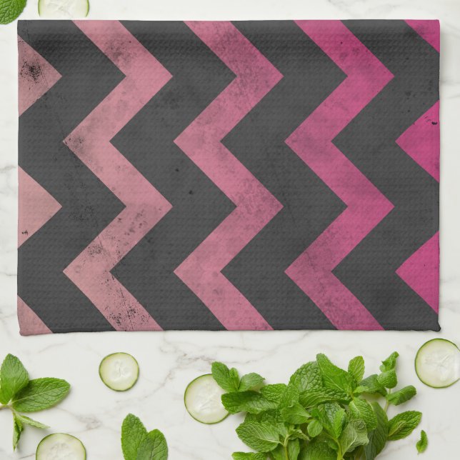 Magenta pink red ombre dark grey chevron pattern tea towel (Folded)