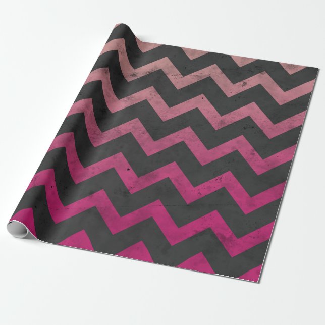Magenta pink red ombre dark grey chevron pattern wrapping paper (Unrolled)