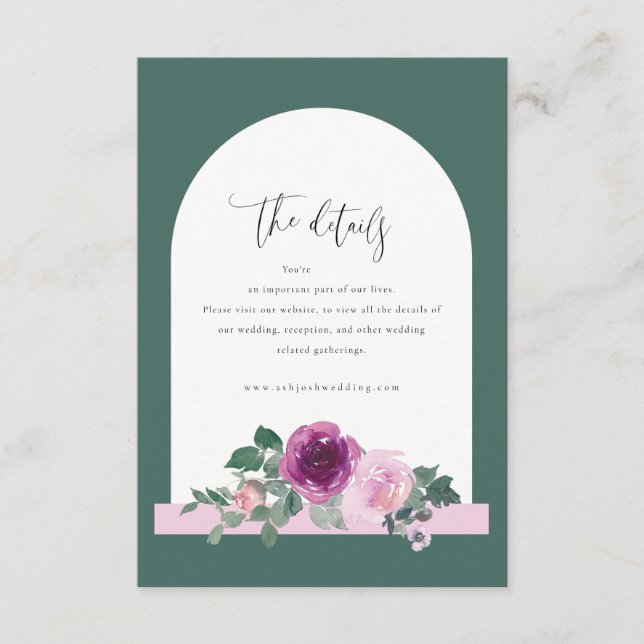Magenta Pink Rose Floral Botanical Green Wedding Enclosure Card (Front)