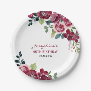 Magenta Pink Rose Floral Greenery Birthday Paper Plate