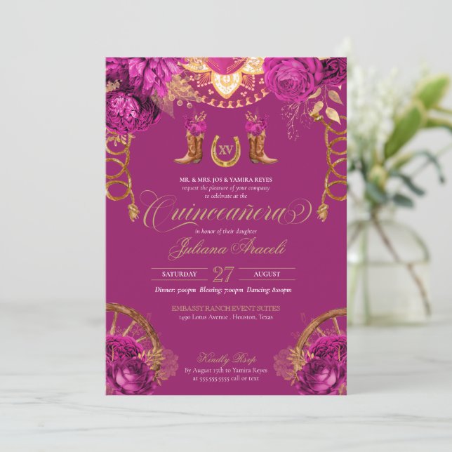 Magenta Pink Roses Country Western Quinceanera Invitation (Standing Front)