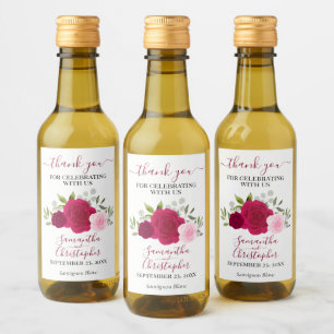 Magenta Pink Roses Elegant Wedding Thank You Mini Wine Label