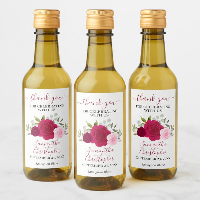Magenta Pink Roses Elegant Wedding Thank You Mini Wine Label (Bottles)