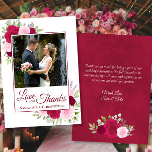 Magenta Pink Roses Love Thanks Wedding Photo Note Thank You Card